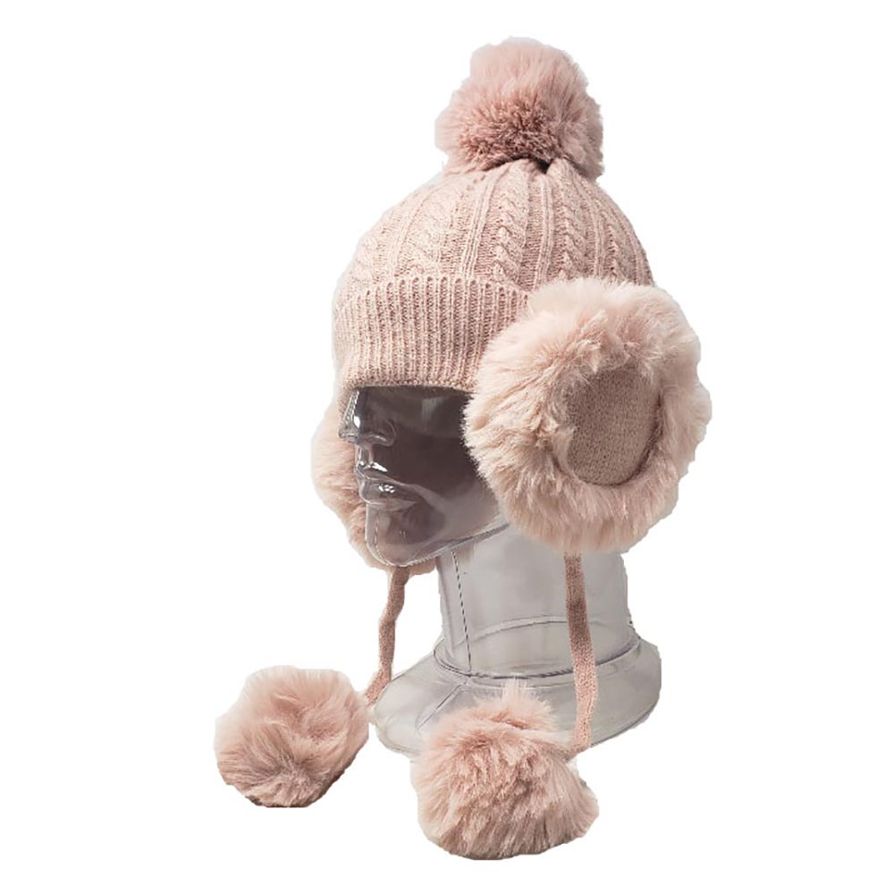 HATEGORY Faux Fur Earflap Cable Knit Pom Pom Beanie Hat