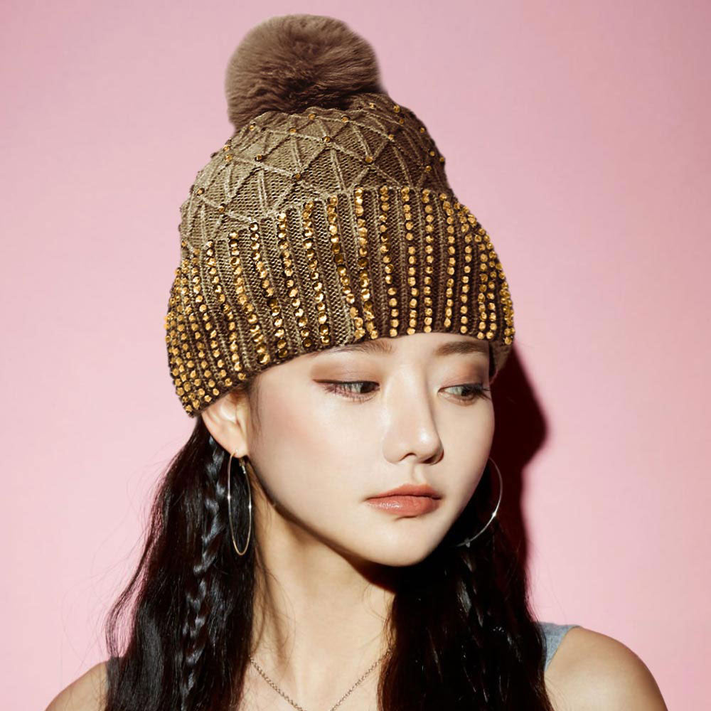 HATEGORY Fleece Lining Rhinestone Embellished Pom Pom Beanie Hat