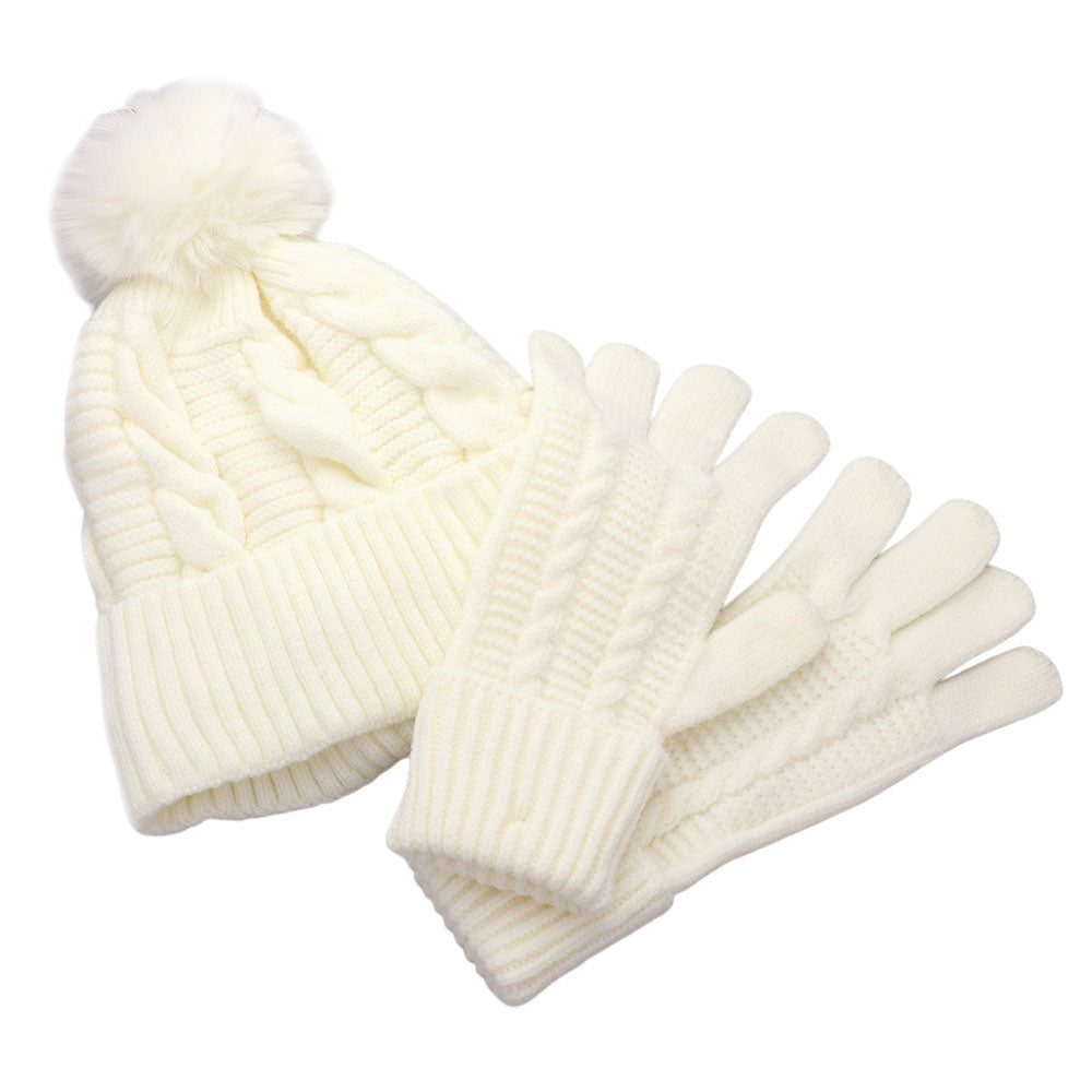 HATEGORY 2PCS - Cable Pom Beanie Hat Gloves Set