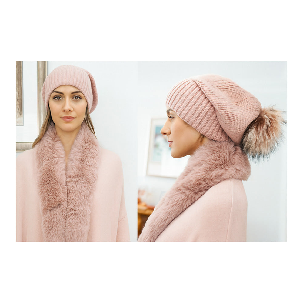 HATEGORY Fox Fur Pom Slouchy Knit Winter Beanie Hat