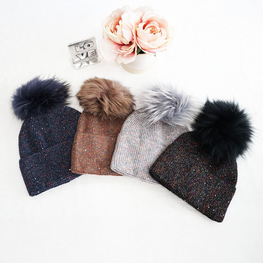 HATEGORY Faux Fur Pom Sparkly Ribbed Knit Winter Beanie Hat