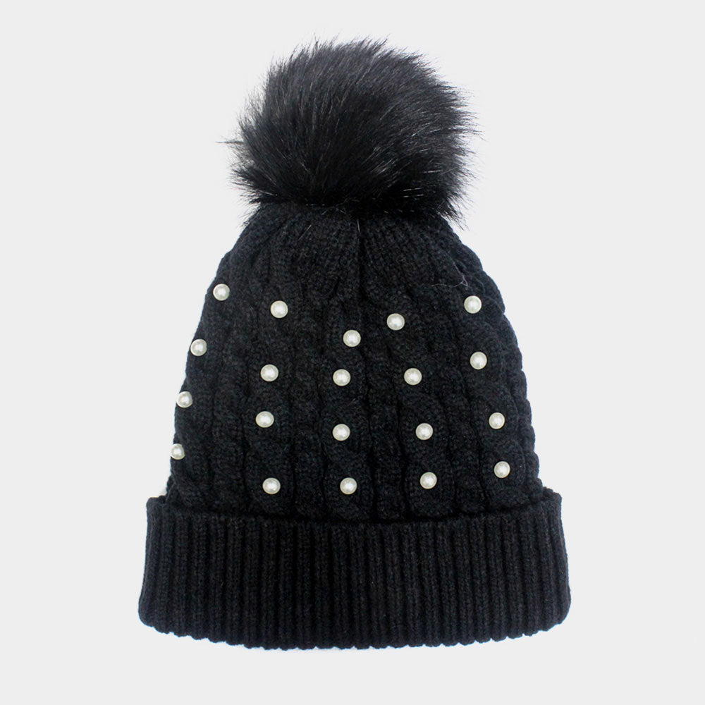 HATEGORY Pearl Knitted Pom Pom Beanie Hat