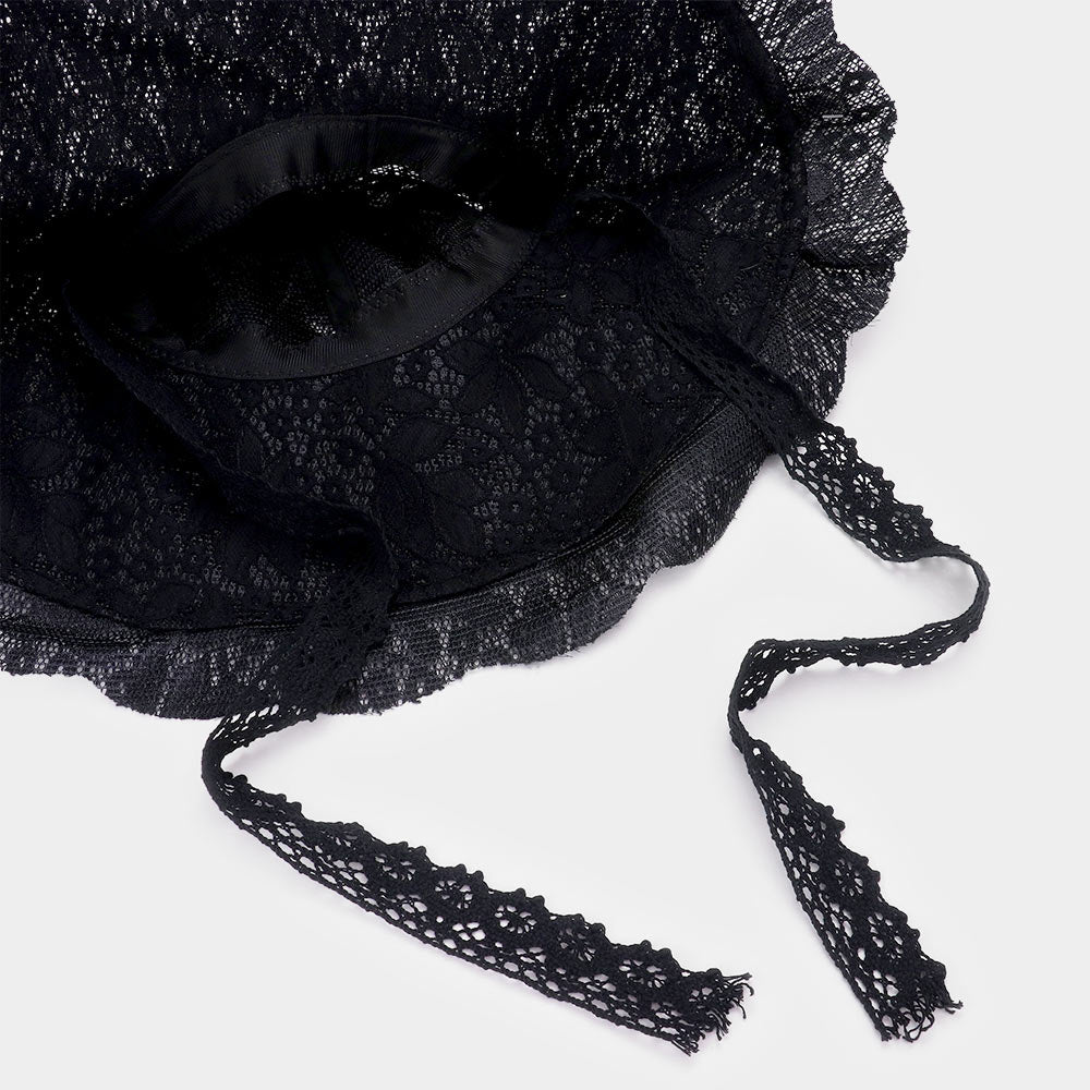 HATEGORY Leaf Detailed Chin Tie Lace Sun Hat