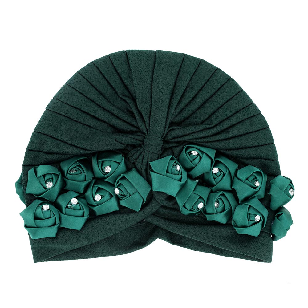 HATEGORY Stone Embellished Floral Pleated Turban Beanie Hat