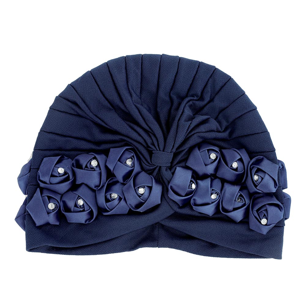 HATEGORY Stone Embellished Floral Pleated Turban Beanie Hat