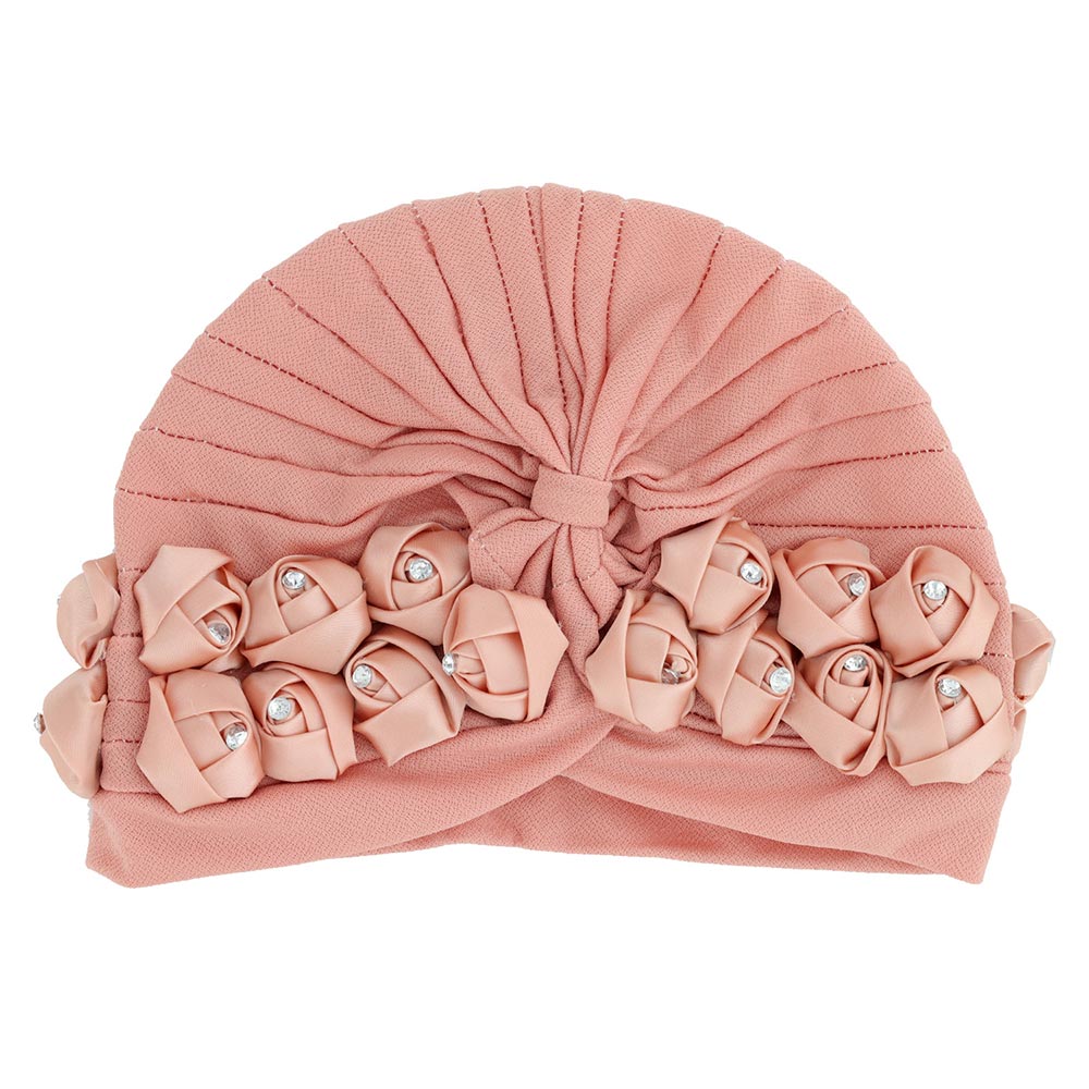 HATEGORY Stone Embellished Floral Pleated Turban Beanie Hat