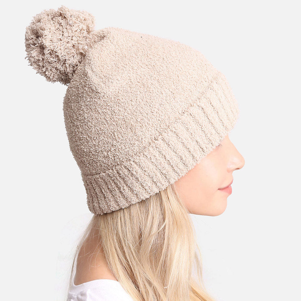HATEGORY Soft Solid Knit Pom Pom Beanie Hat