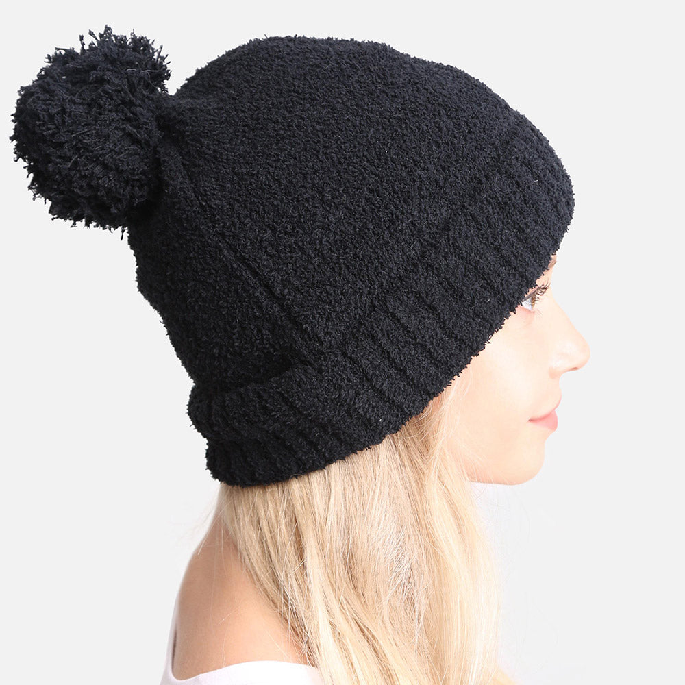 HATEGORY Soft Solid Knit Pom Pom Beanie Hat
