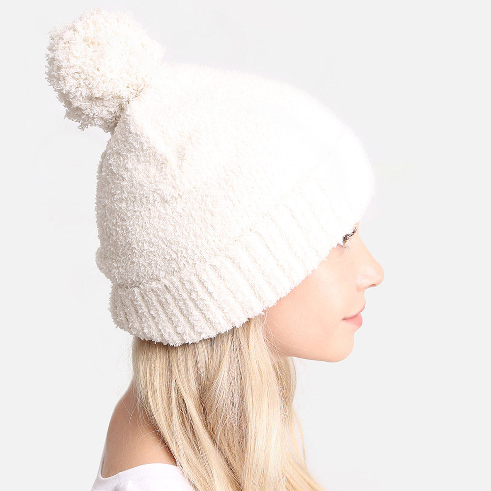HATEGORY Soft Solid Knit Pom Pom Beanie Hat