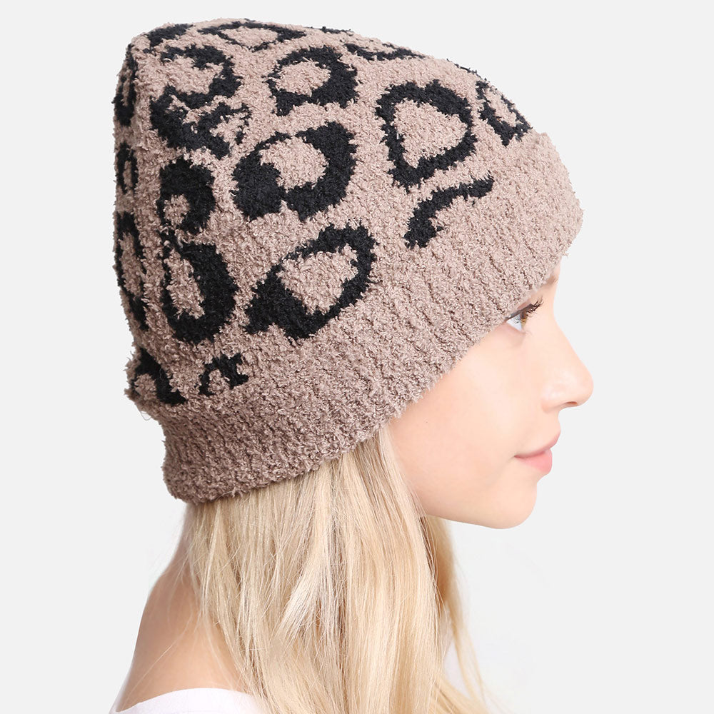 HATEGORY Leopard Patterned Soft Knit Beanie Hat