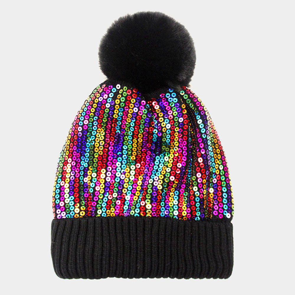 HATEGORY Sequin Embellished Pom Pom Beanie Hat