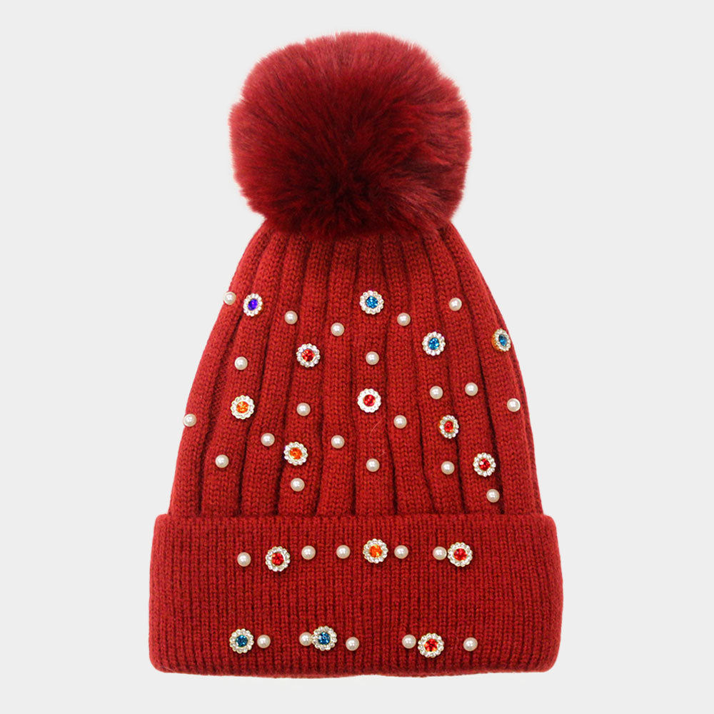 HATEGORY Pearl Stone Embellished Detail Pom Pom Beanie Hat