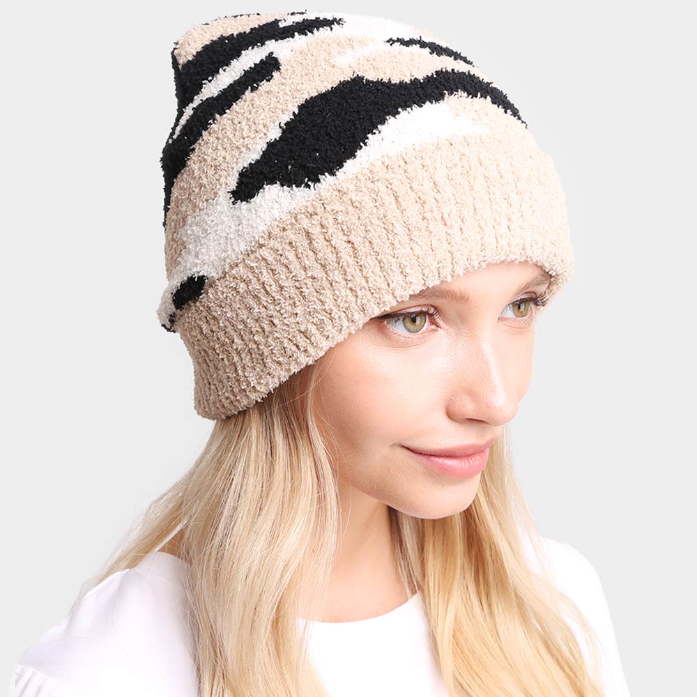 HATEGORY Camouflage Patterned Ribbed Trim Soft Beanie Hat