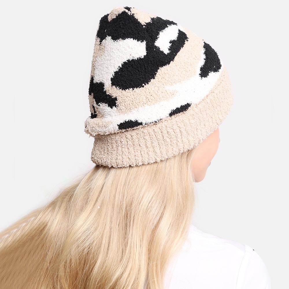 HATEGORY Camouflage Patterned Ribbed Trim Soft Beanie Hat