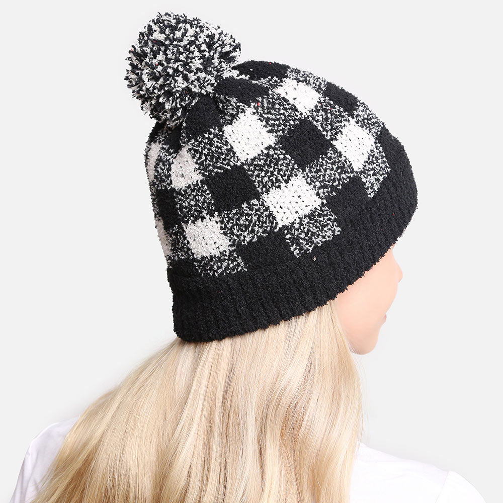 HATEGORY Buffalo Check Patterned Ribbed Trim Pom Pom Soft Beanie Hat
