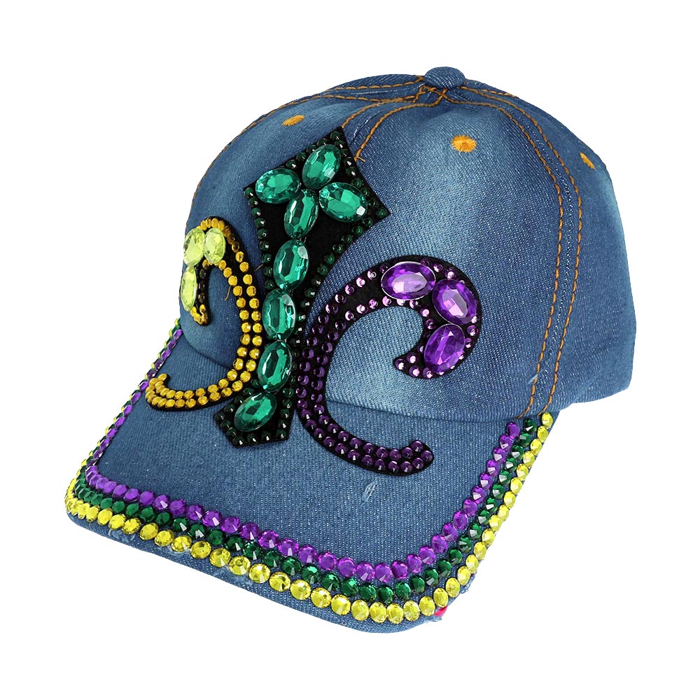HATEGORY Bling Studded Mardi Gras Fleur de Lis Baseball Cap