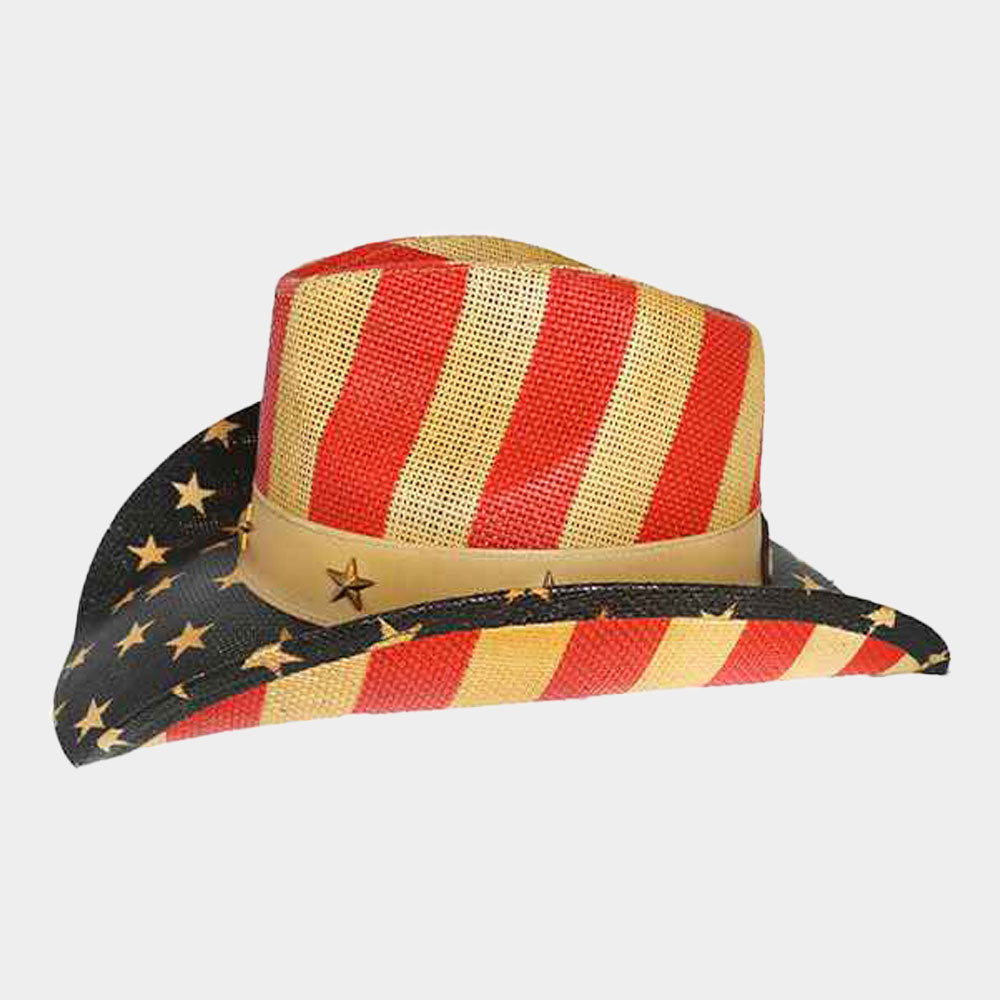 HATEGORY Star Stud Band Pointed American USA Flag Printed Cowboy Fedora Hat