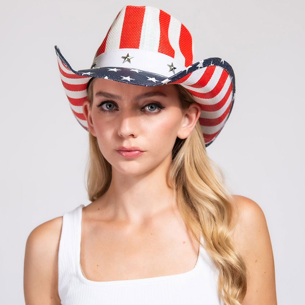 HATEGORY Star Stud Band Pointed American USA Flag Printed Cowboy Fedora Hat