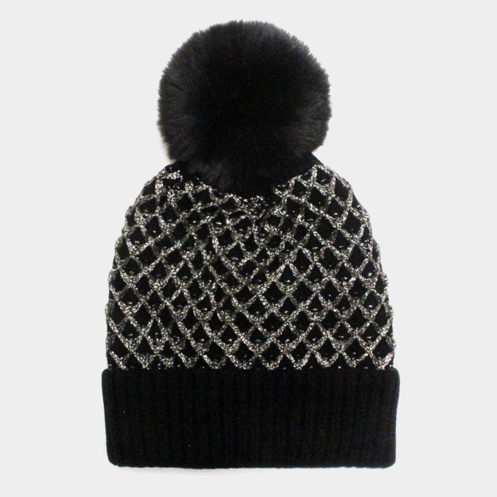 HATEGORY Check Patterned Pom Pom Beanie Hat