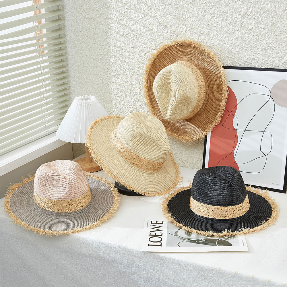 HATEGORY Frayed Trim Braided Band Straw Panama Sun Hat
