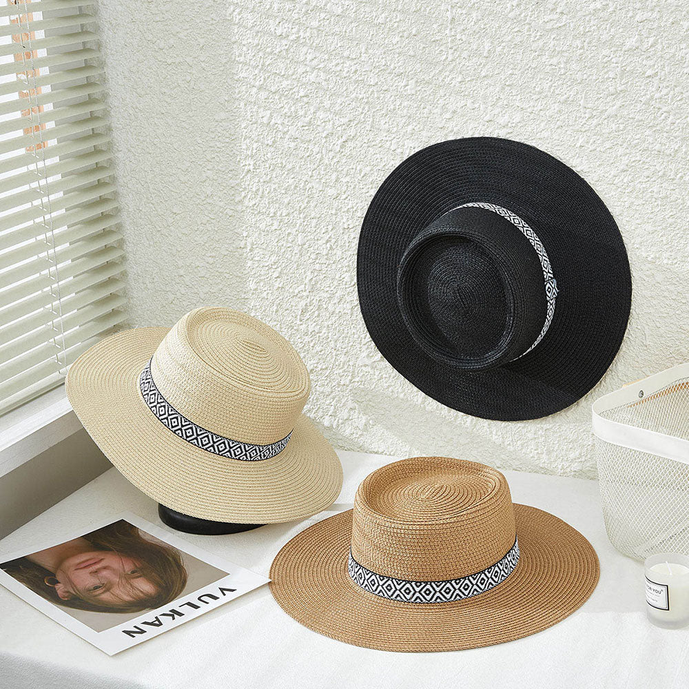 HATEGORY Aztec Patterned Band Straw Panama Sun Hat