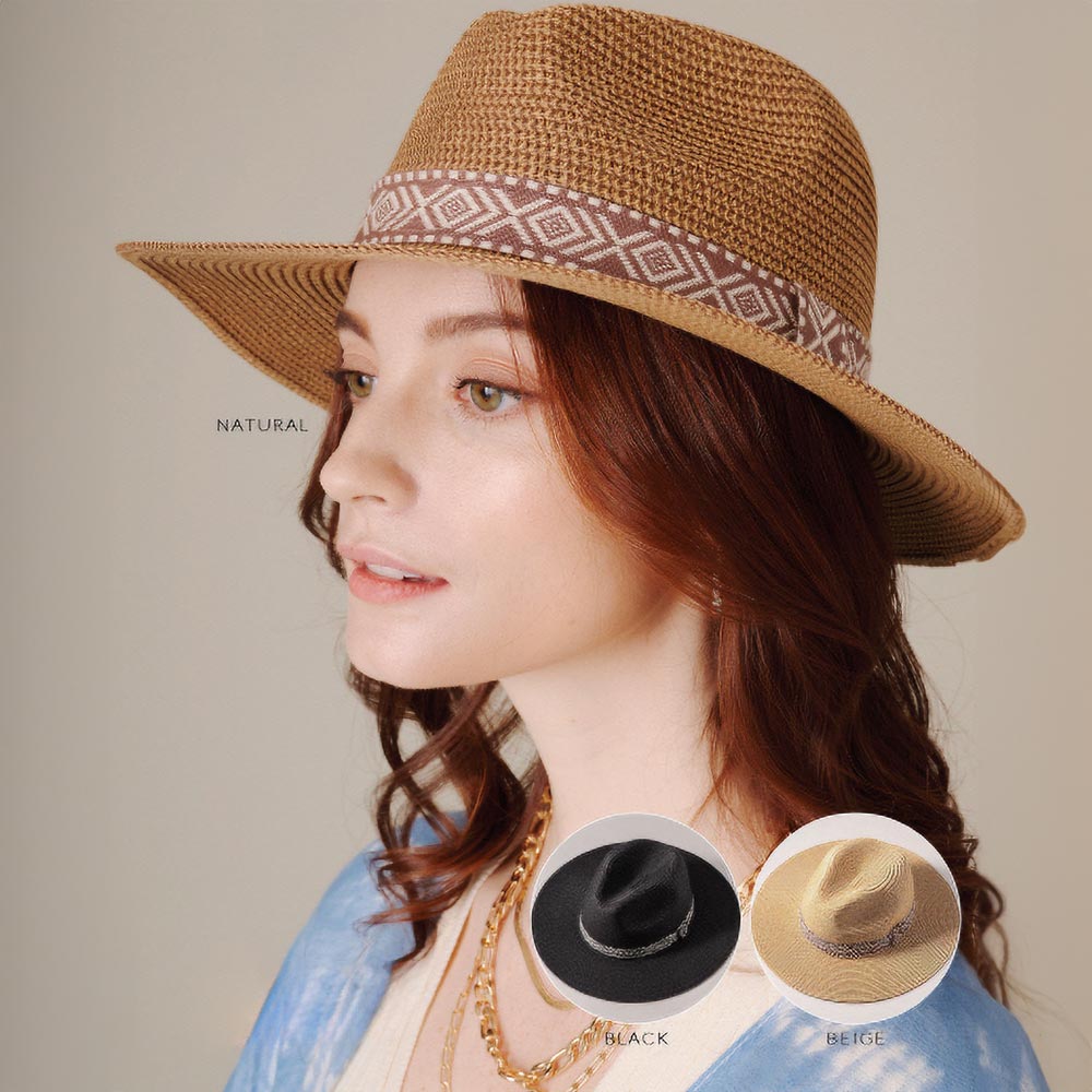 HATEGORY Aztec Strap Straw Fedora Hat