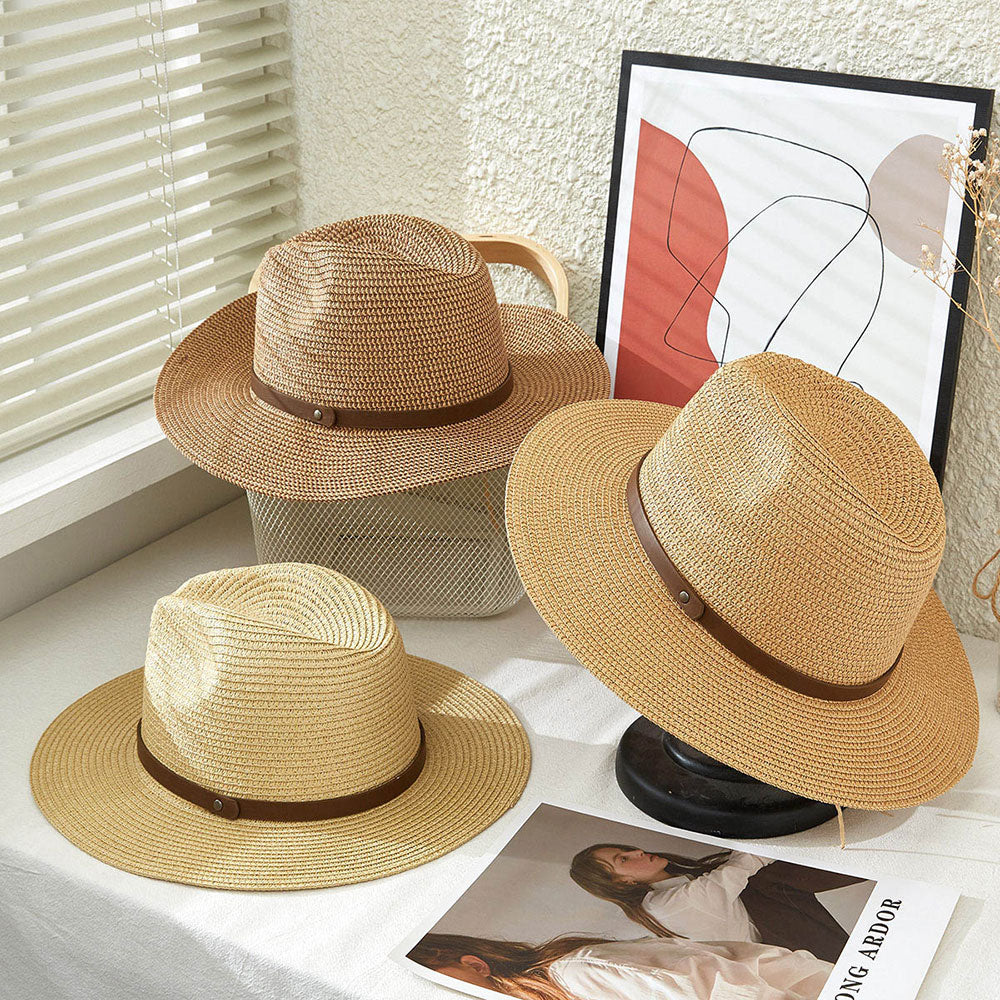 HATEGORY Faux Leather Band Straw Panama Sun Hat