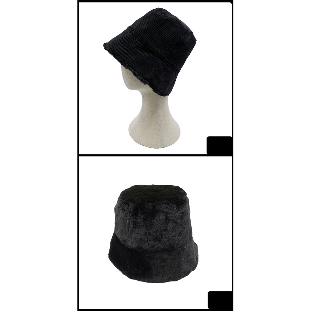 HATEGORY Reversible Corduroy Soft Faux Fur Bucket Hat