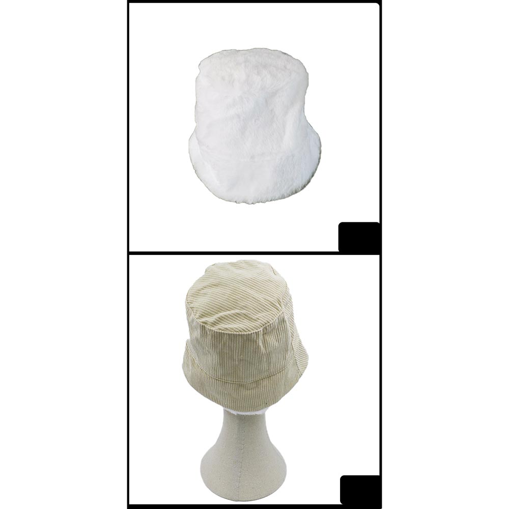 HATEGORY Reversible Corduroy Soft Faux Fur Bucket Hat