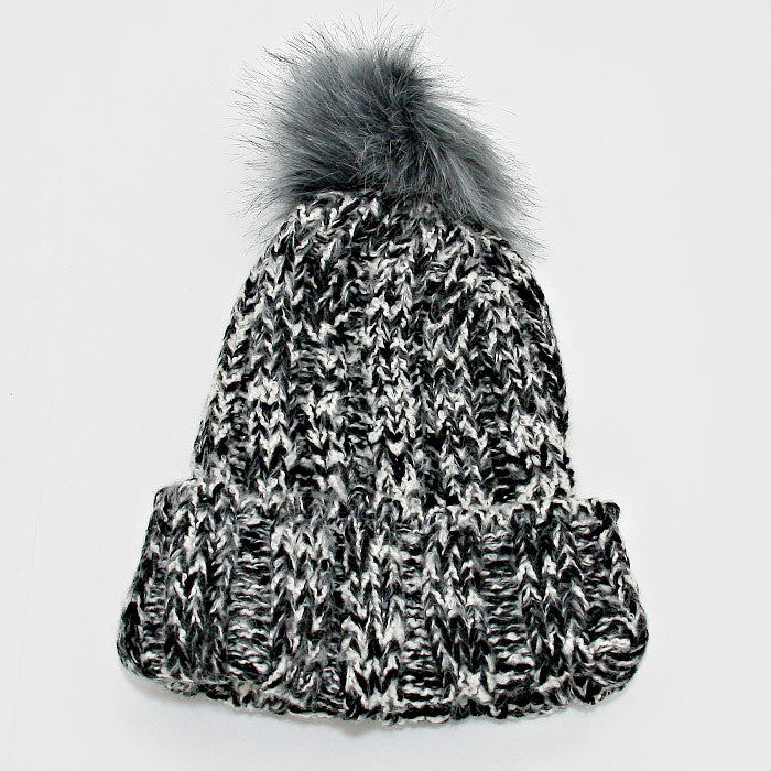 HATEGORY Pom Pom Faux Fur Two Tone Knit Beanie Hat