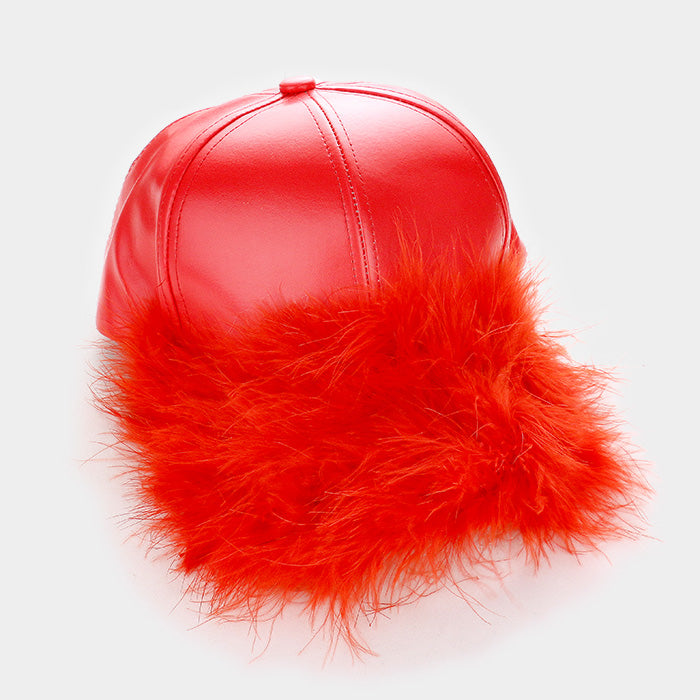 HATEGORY Faux Leather Fur Detail Baseball Cap