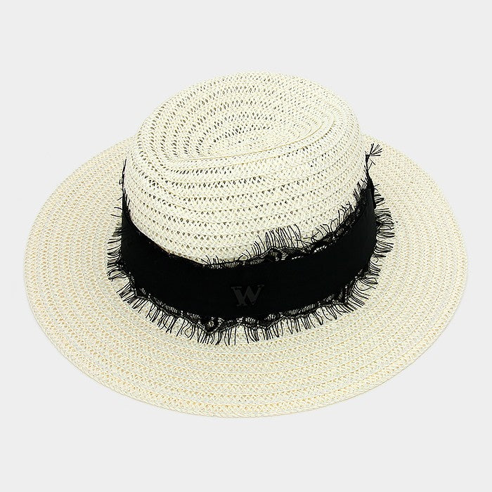 HATEGORY Letter "W" lace ribbon band paper straw fedora hat
