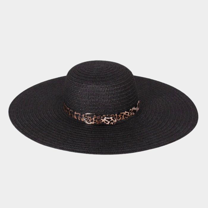 HATEGORY Animal Print Belt Trim Straw Floppy Sun Hat