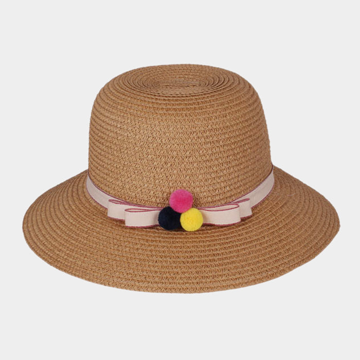 HATEGORY Triple Tiny Pom Pom Bow Trim Straw Sun Hat