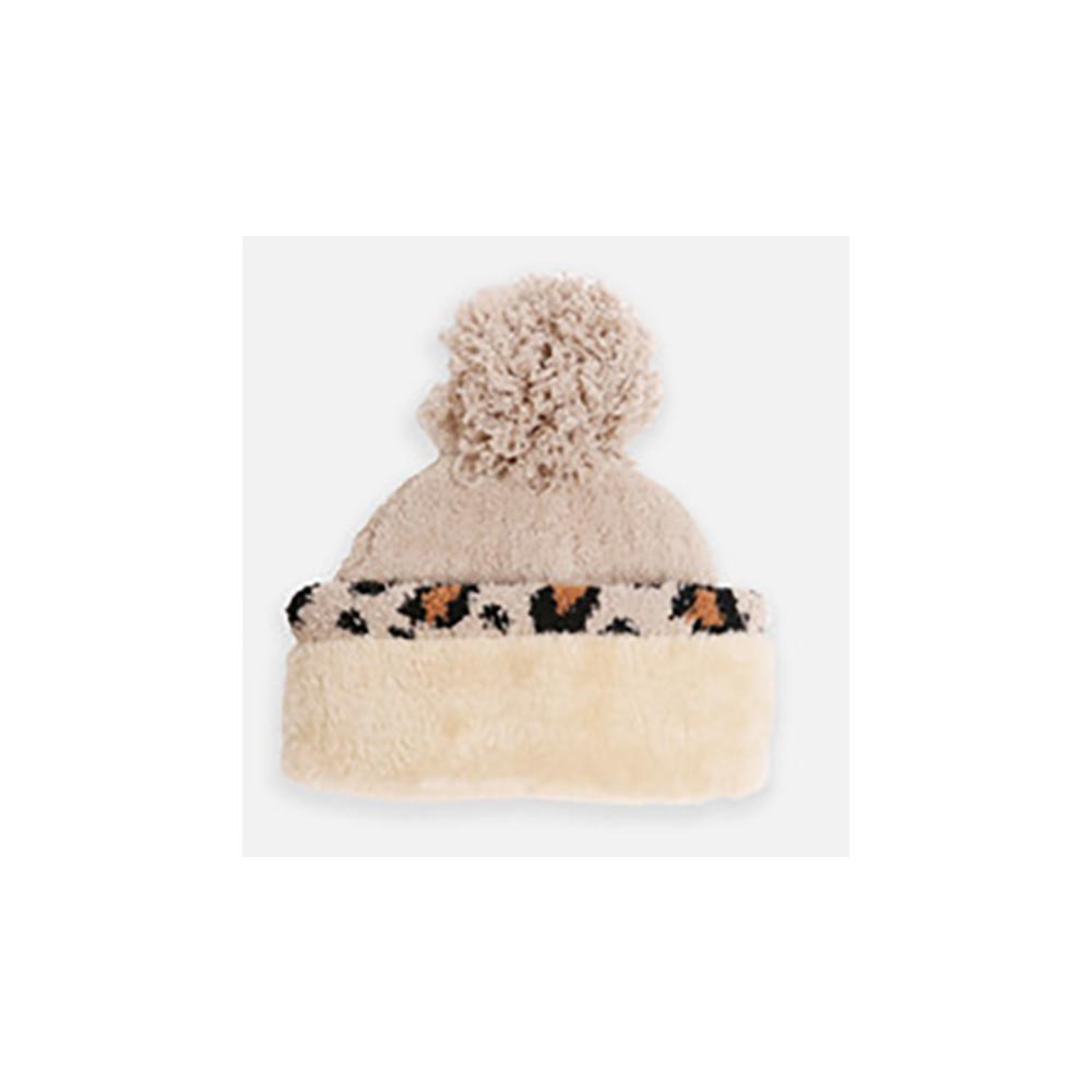 HATEGORY Solid Color Linked Leopard Accented Pom-Pom Beanie