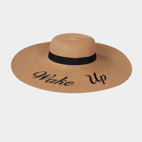 HATEGORY "Wake Up" Embroidery Paper Straw Floppy Sun Hat