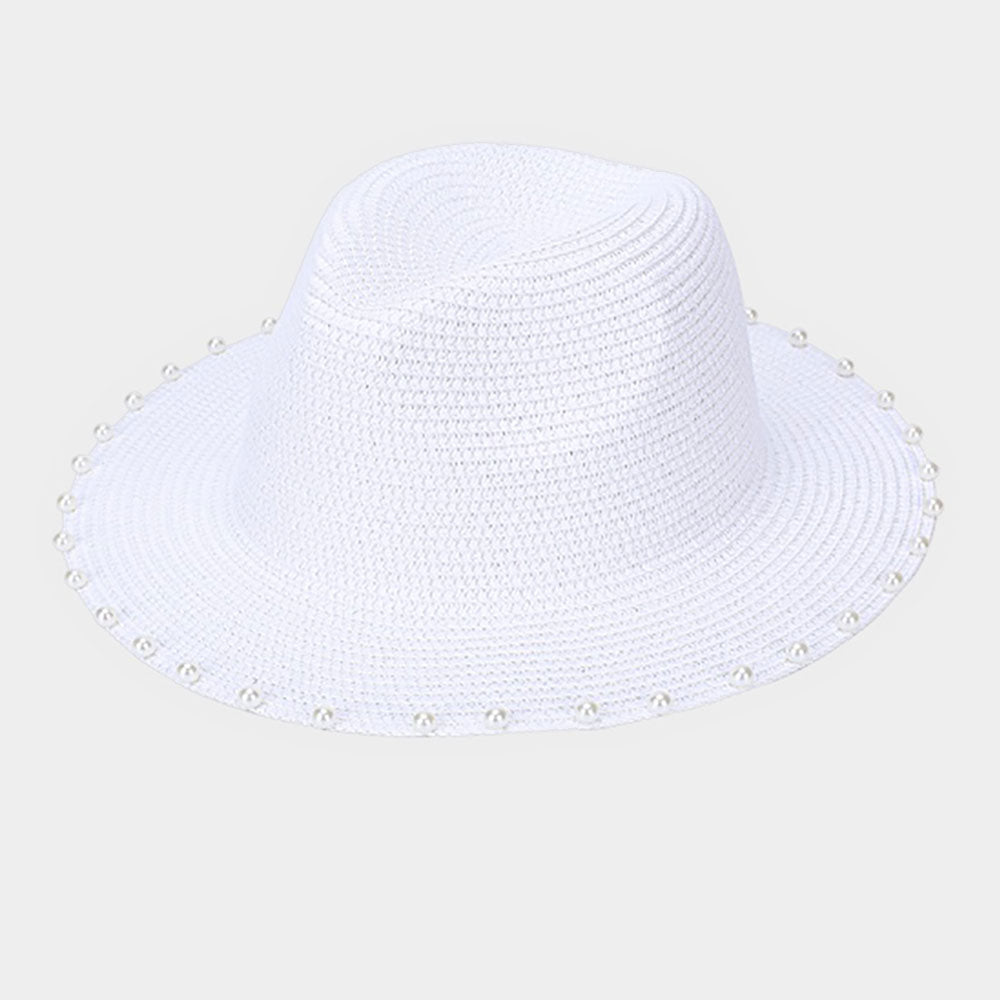 HATEGORY Pearl Trim Straw Fedora Hat