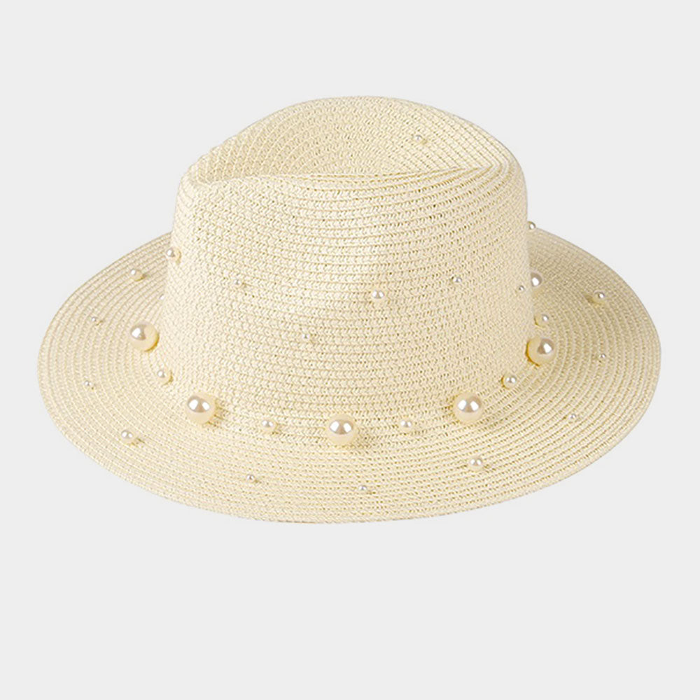 HATEGORY Pearl Embellished Straw Fedora Hat