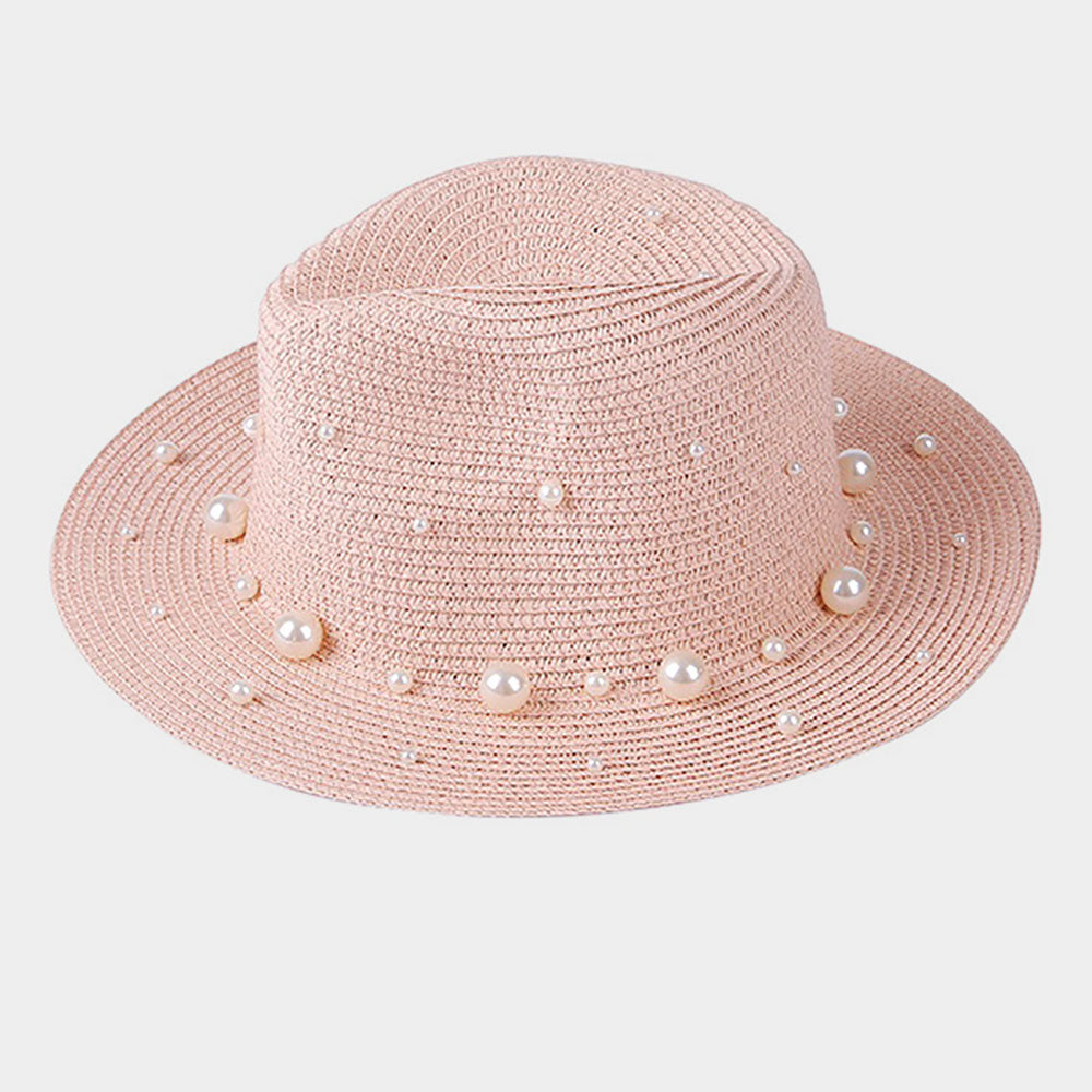HATEGORY Pearl Embellished Straw Fedora Hat