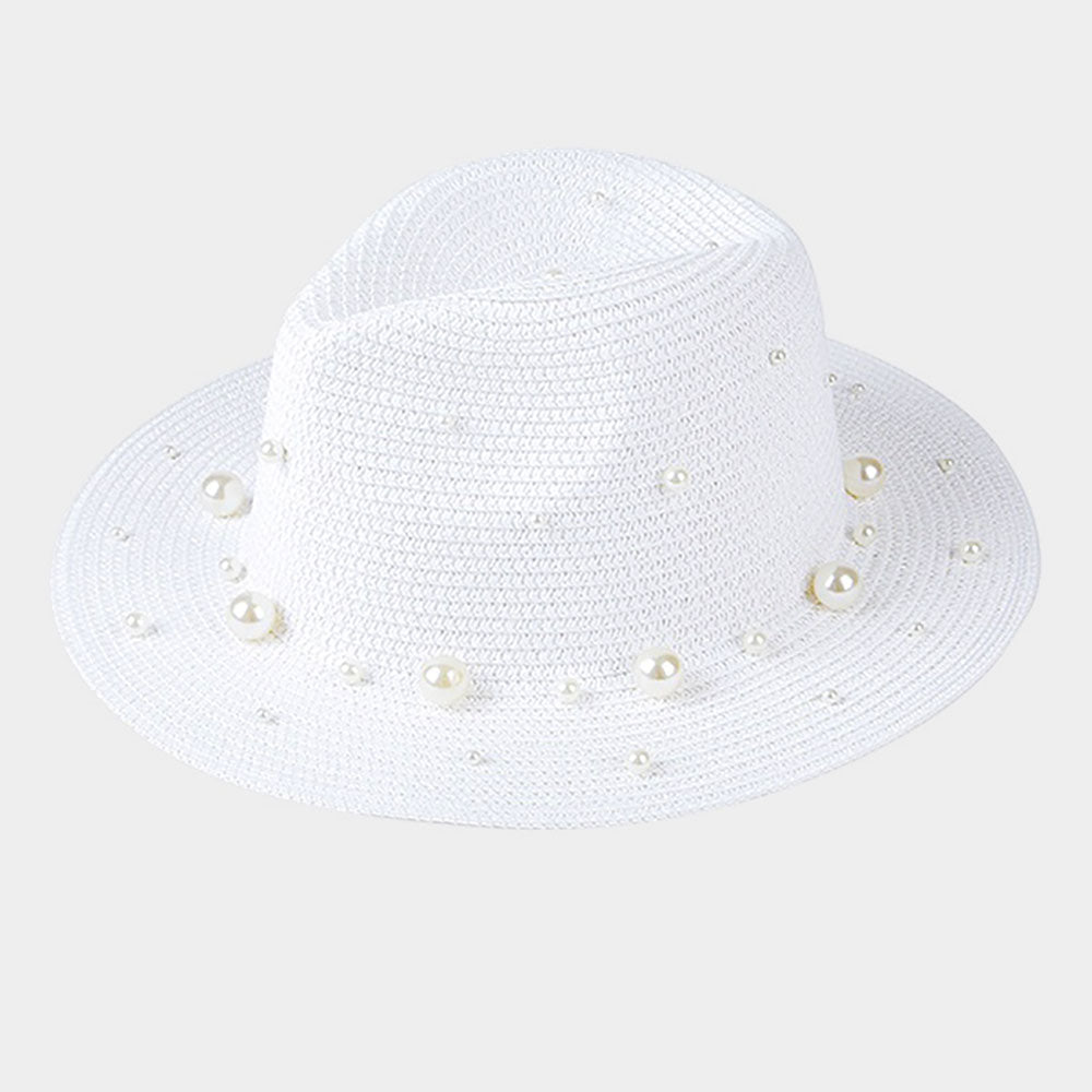 HATEGORY Pearl Embellished Straw Fedora Hat