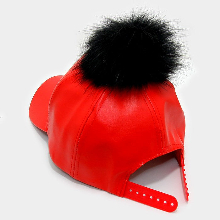 HATEGORY Pom pom fur faux leather baseball cap