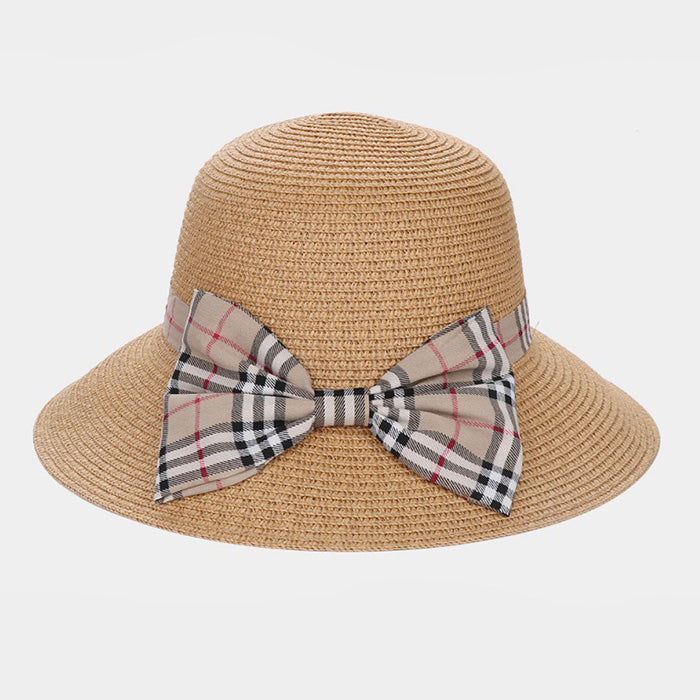 HATEGORY Plaid Check Bow Accented Straw Sun Hat