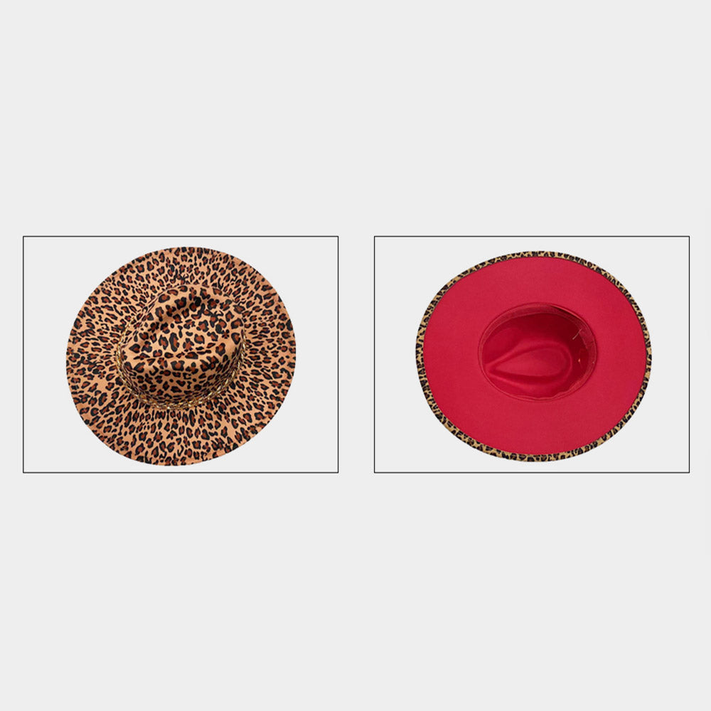 HATEGORY Metal Chain Pointed Leopard Patterned Panama Hat