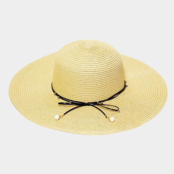 HATEGORY Bow Ribbon Trim Wide Brim Straw Sun Hat