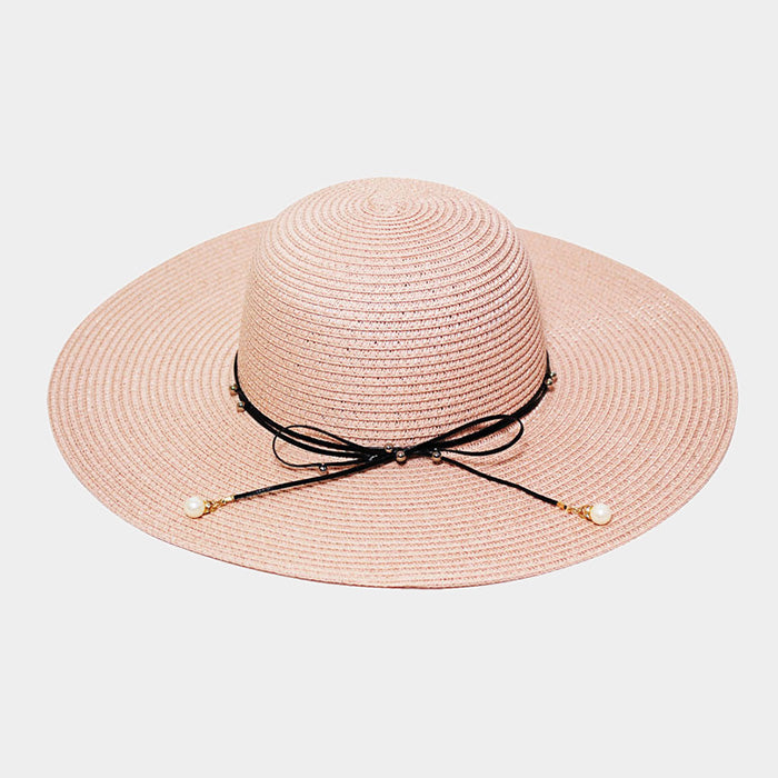 HATEGORY Bow Ribbon Trim Wide Brim Straw Sun Hat