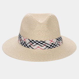 HATEGORY Plaid Check Band Straw Fedora Hat