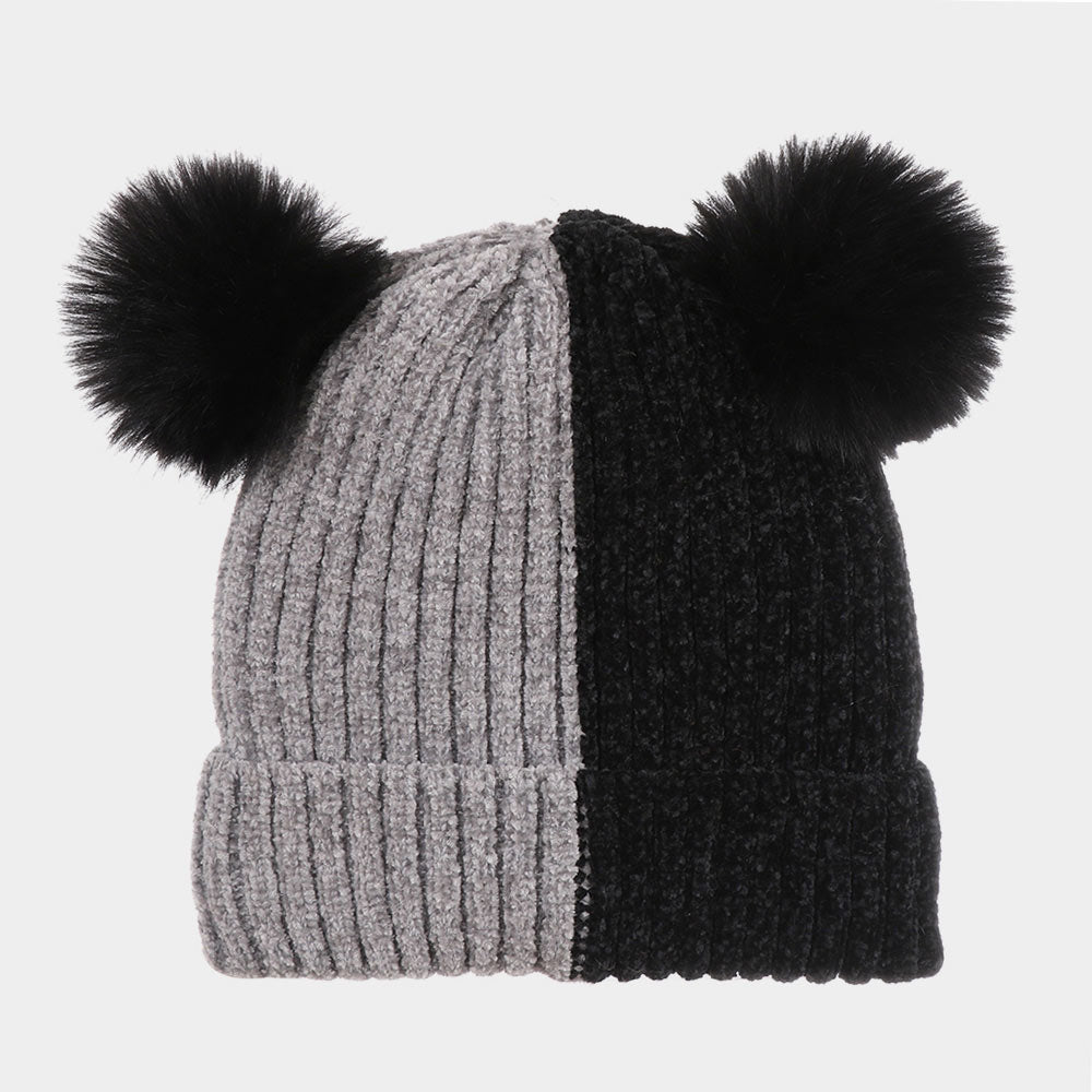 HATEGORY Two Color Double Pom Pom Beanie Hat