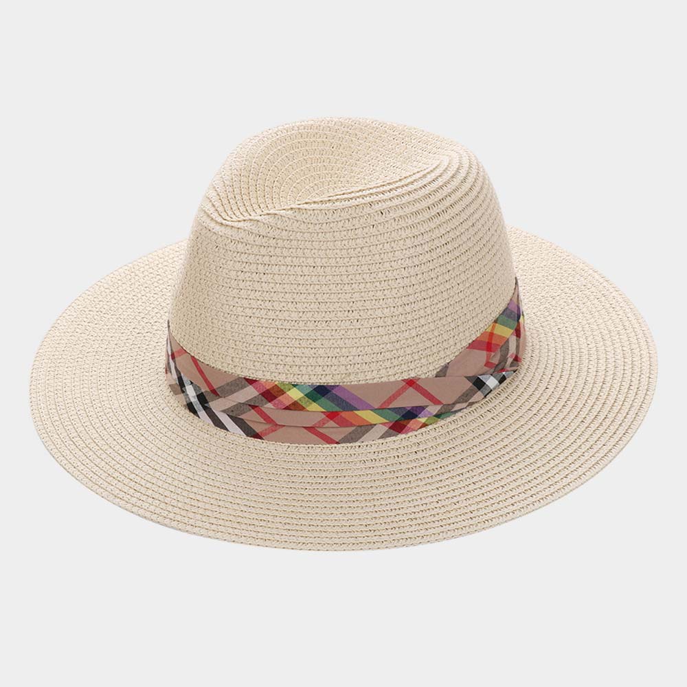 HATEGORY Check Scarf Woven Straw Summer Sun Fedora Hat