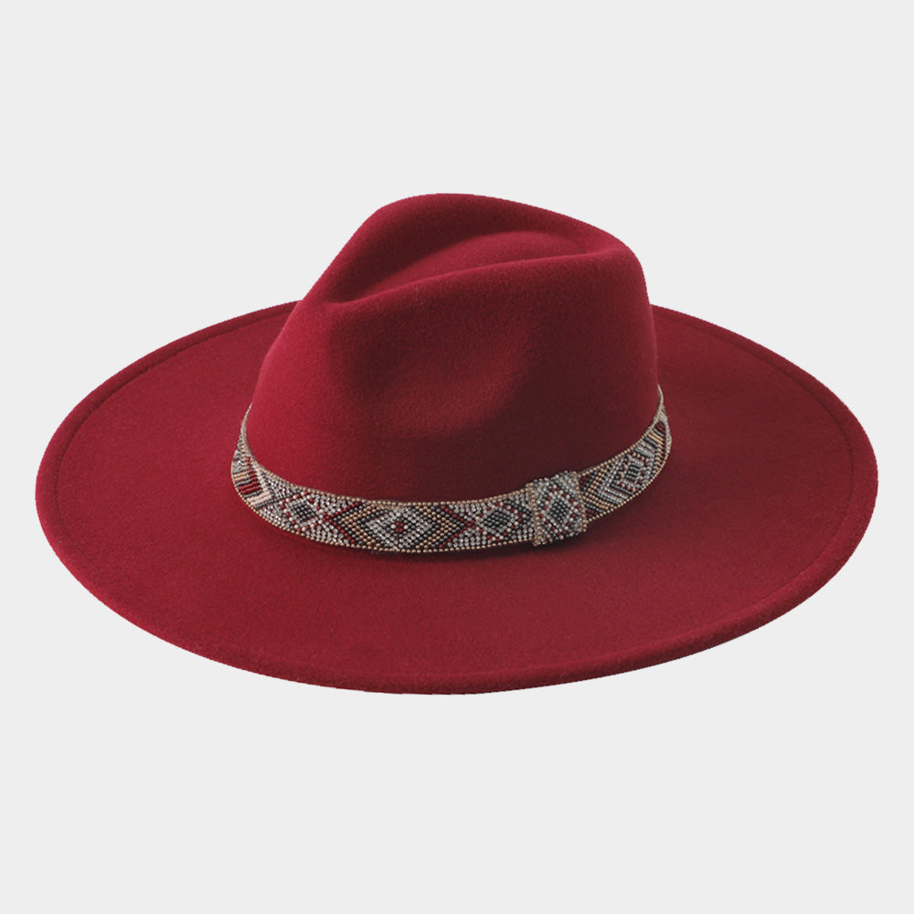 HATEGORY Aztec Pattern Beaded Band Accented Solid Panama Hat