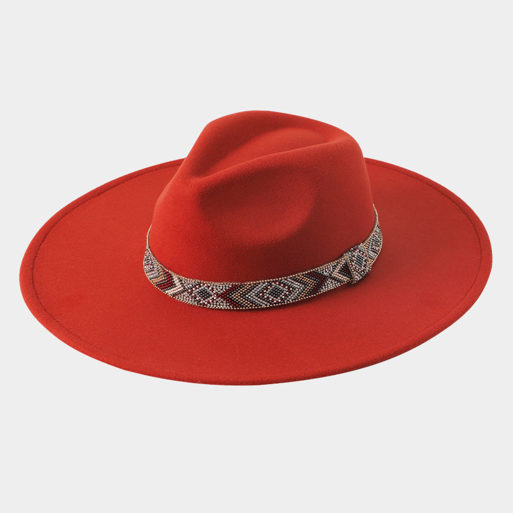 HATEGORY Aztec Pattern Beaded Band Accented Solid Panama Hat